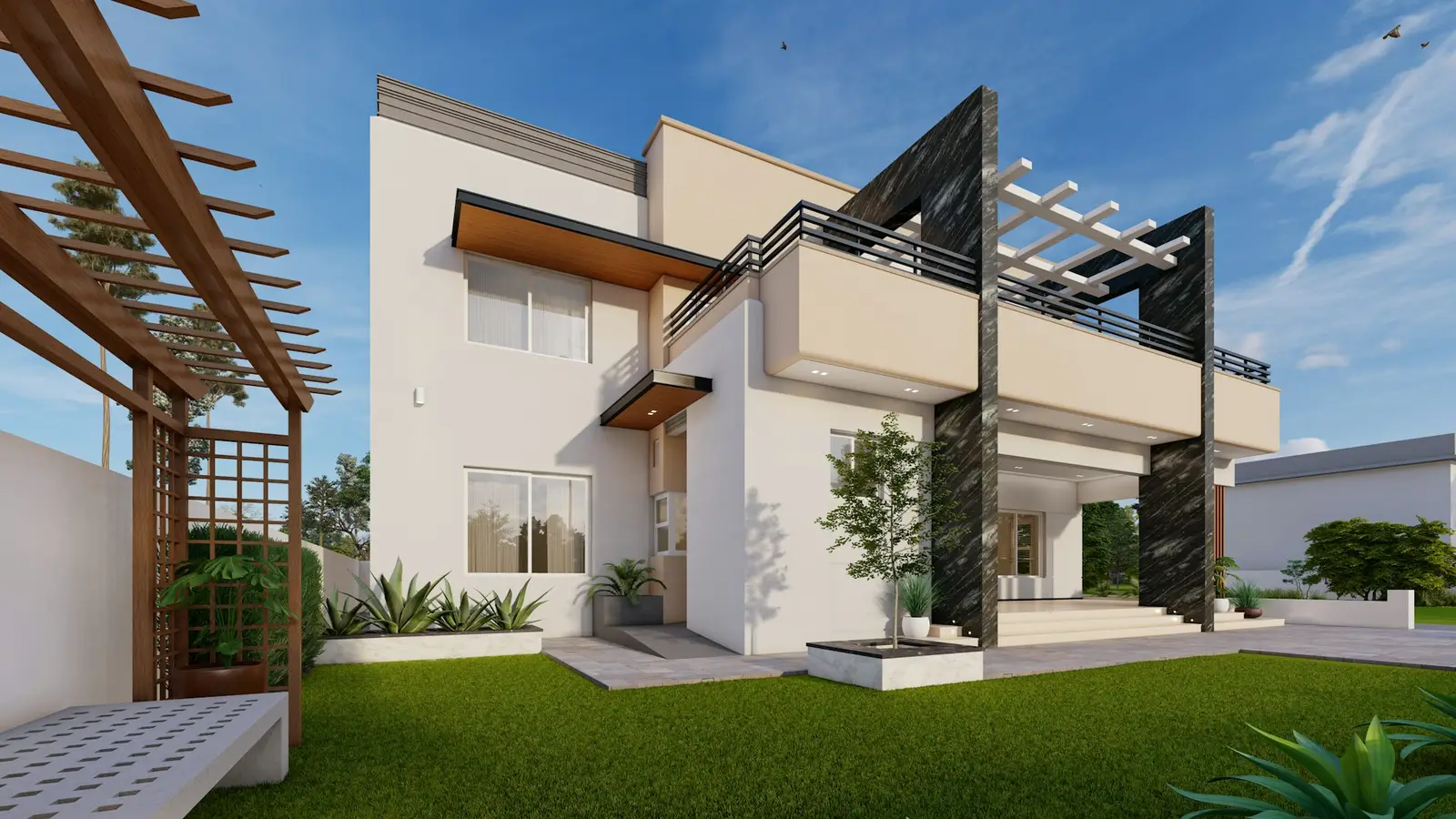 Single-family house with a wood pergola and white and dark stone details