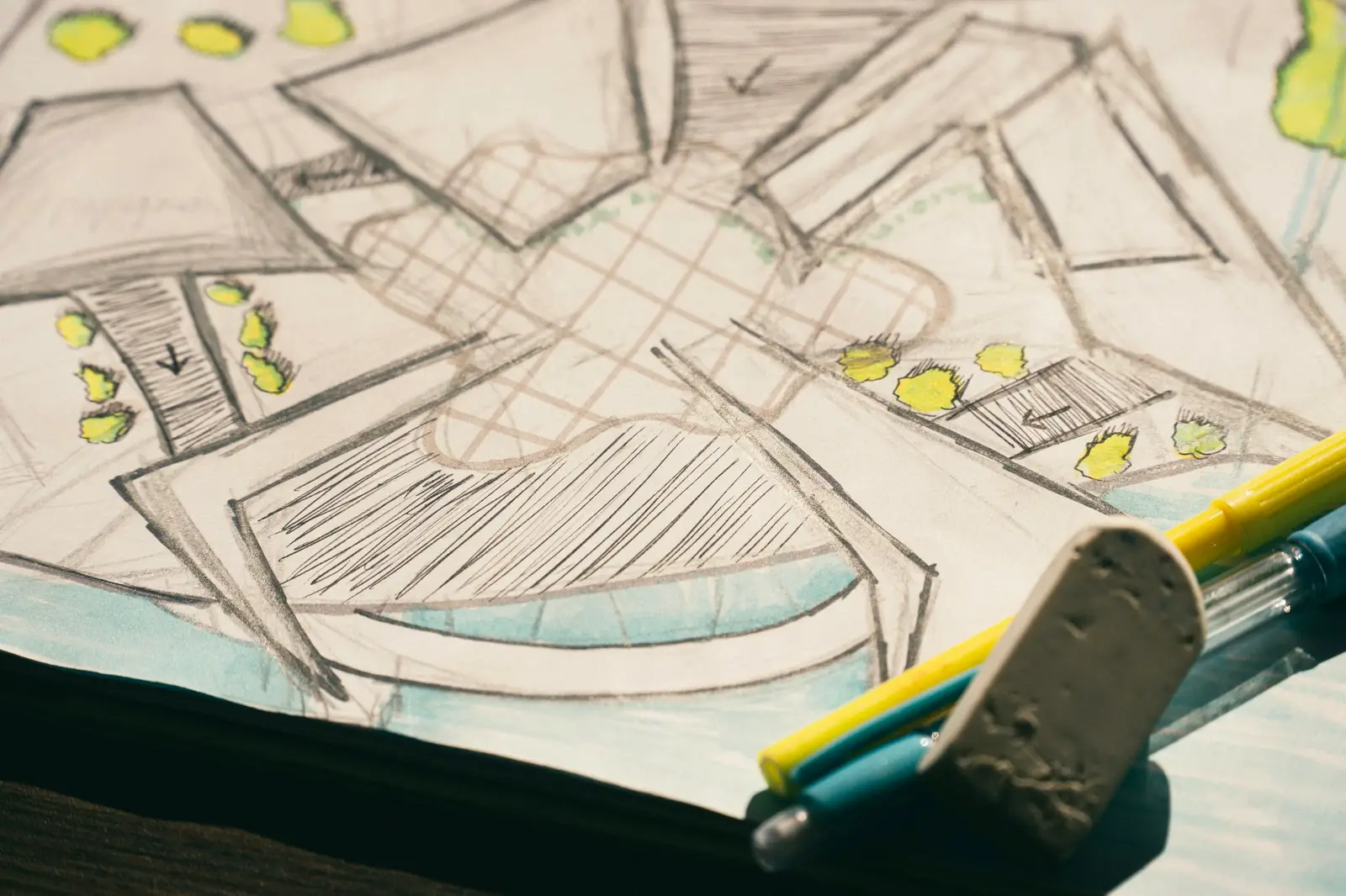 Architectural plan sketch drawn with colored pencils