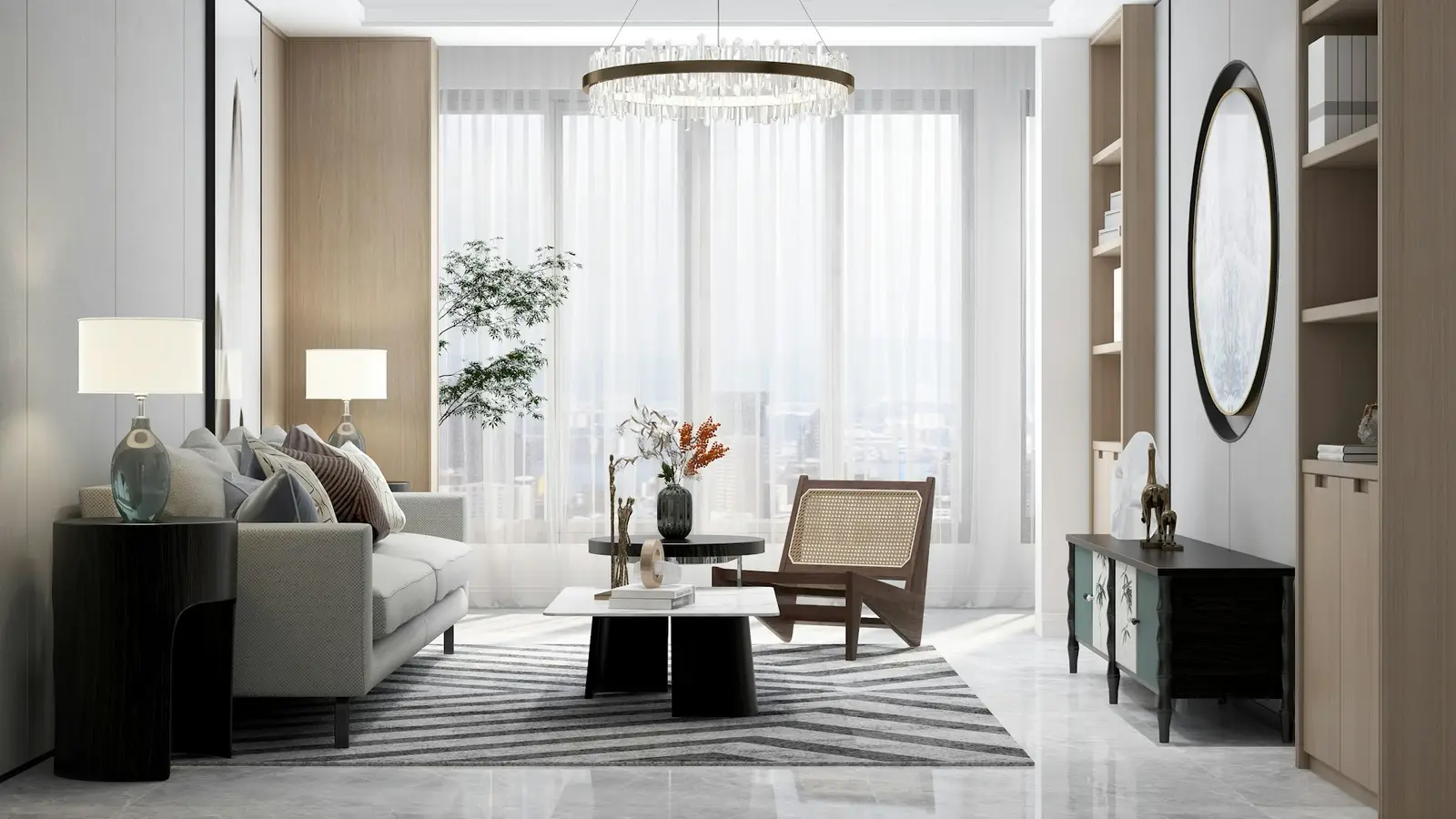 Living room with a chandelier, full-height drapes and wood details