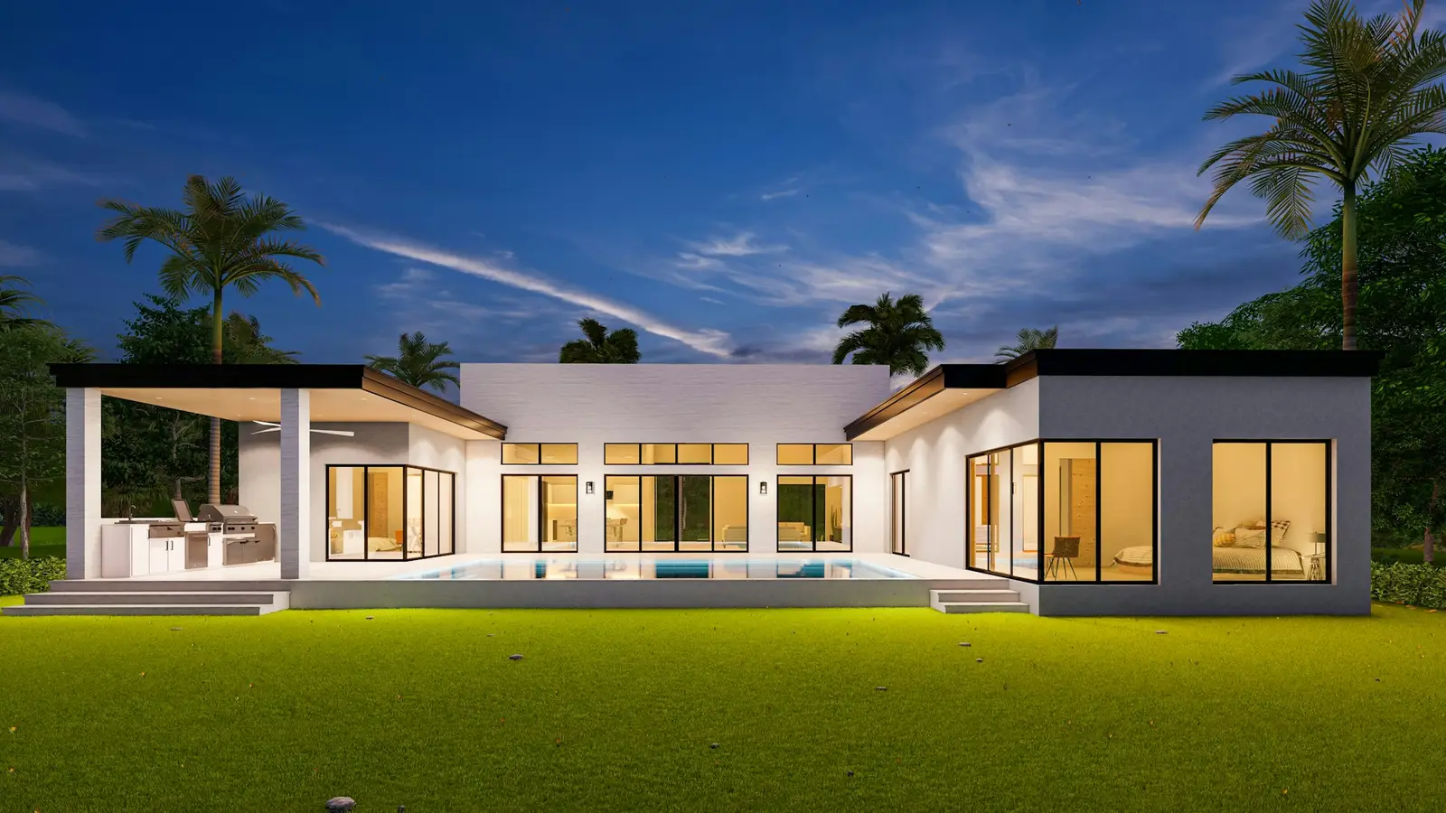 Rendering of a contemporary house with a pool in evening light