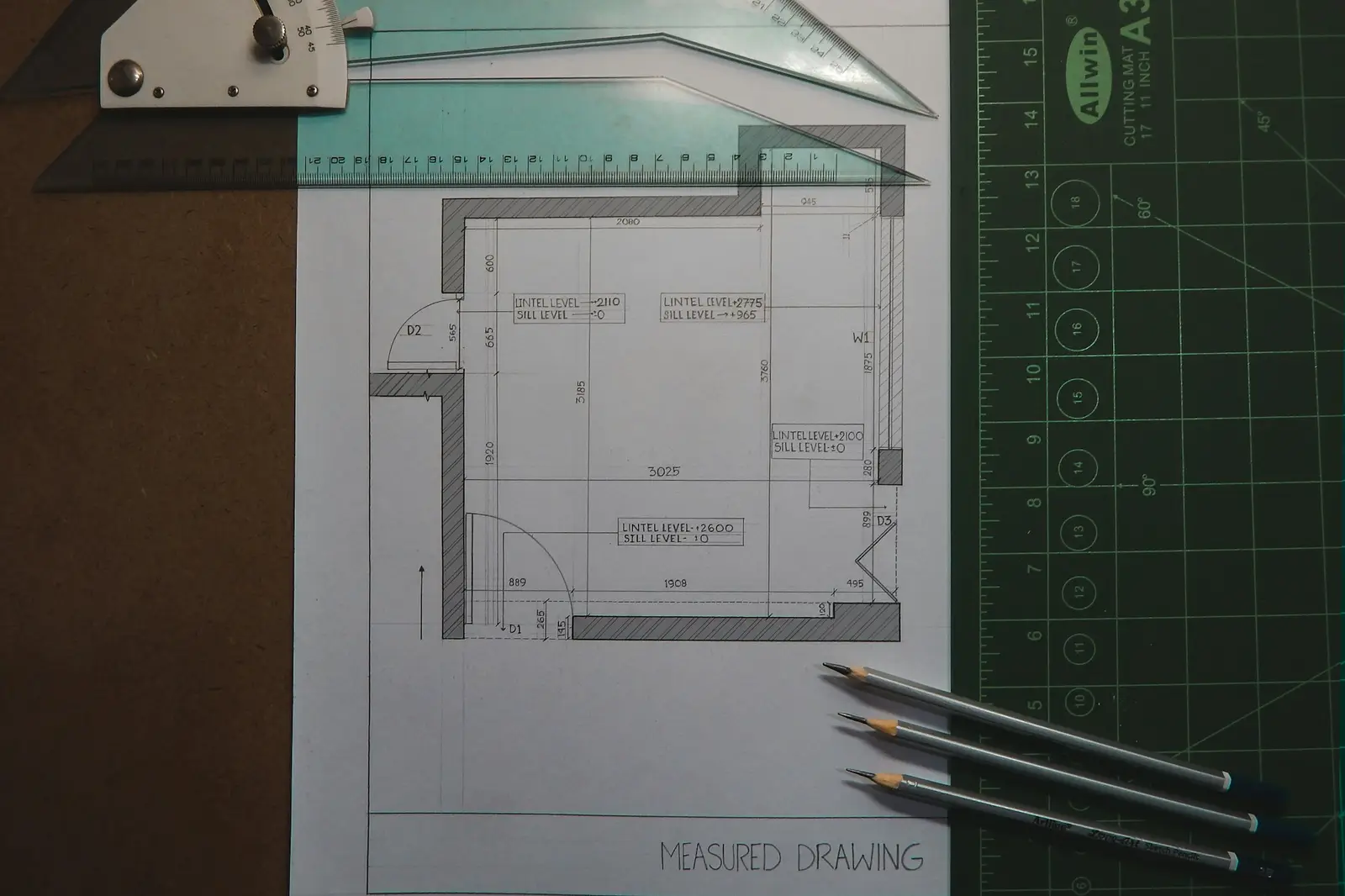 Measured survey plan drawn with a ruler, triangle and pencils