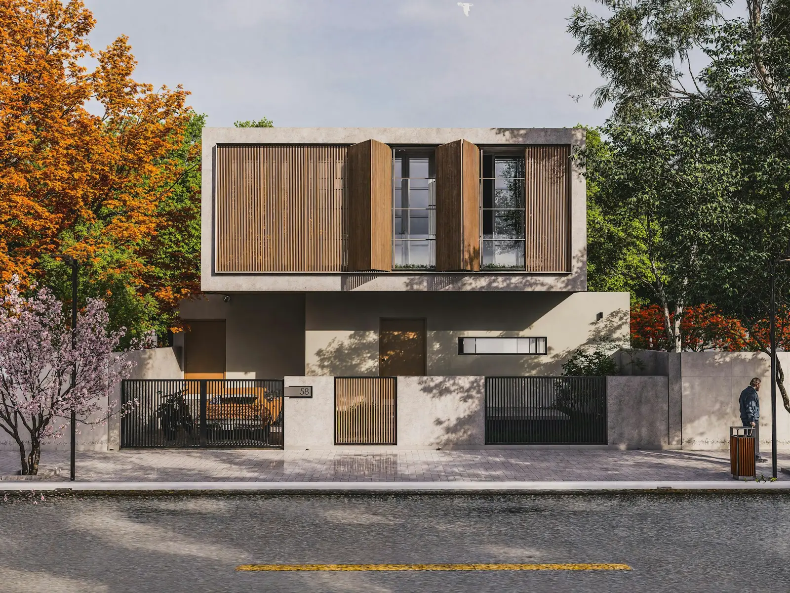 House with concrete and wood facades among trees