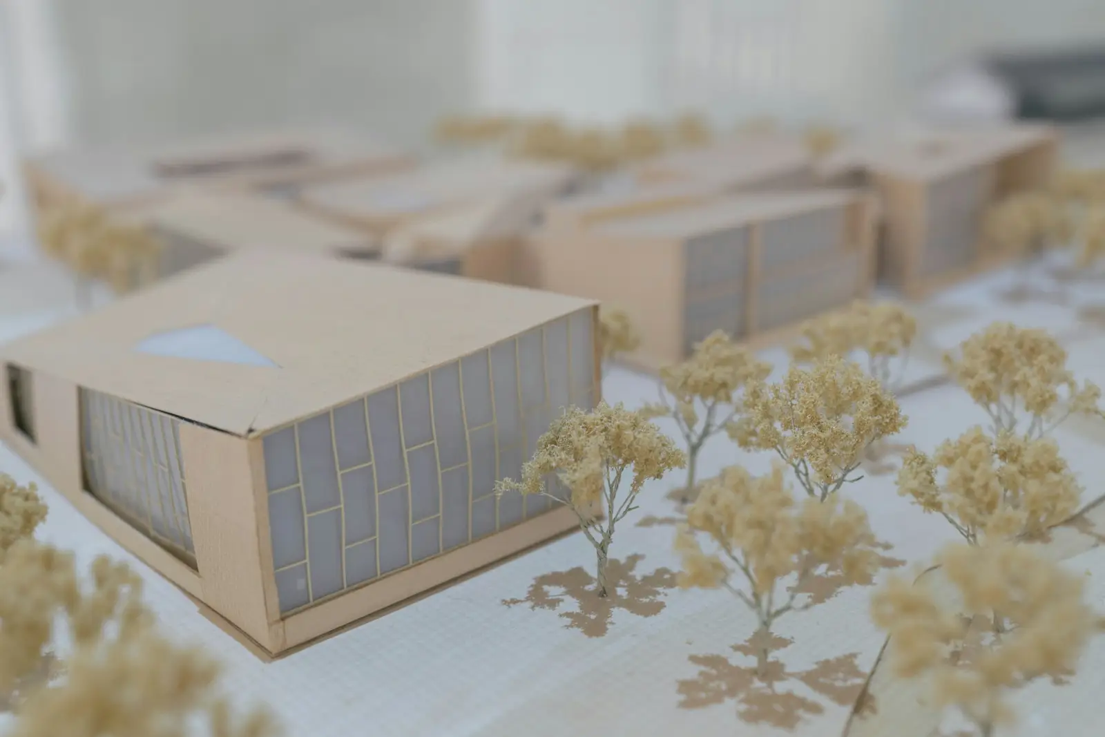 Cardboard and wood architectural model with tree figures